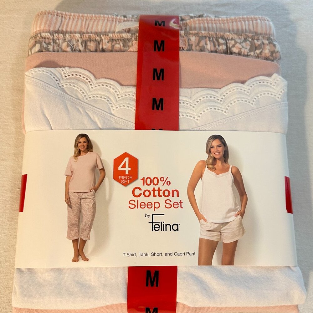 Felina Women's 4 Piece 100% Cotton Sleep Pajama Set, Tee Tank Short Capri Pant - Picture 9 of 9